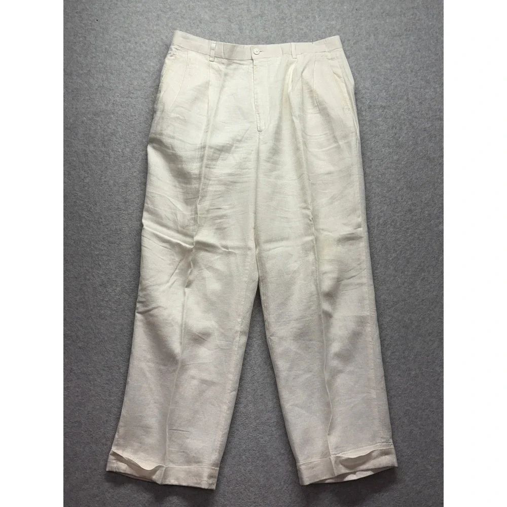Man of Fashion Mens 36 White 100% Linen Pleated Wide Leg Dress Pants Trousers